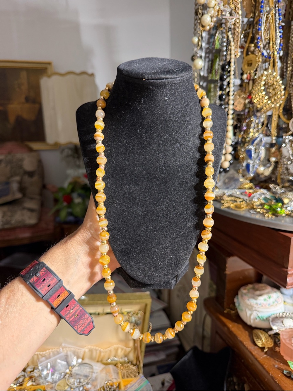 Vintage Handmade Yellow Striped Agate Beaded Necklace 26”